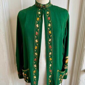 Vintage Green Handmade Floral Embroidered Jacket Top Size Medium
